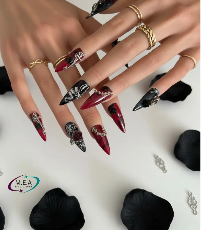 Stiletto Gothique Rouge & Noir – Press-on nails faits main