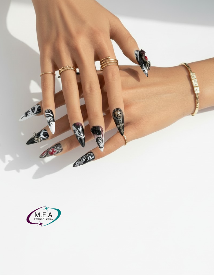 Nocturne Carmin – Press-on nails gothiques noir & blanc