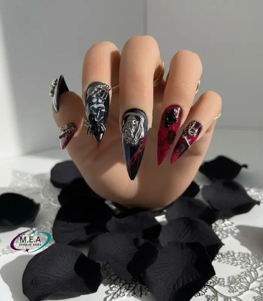 Stiletto Gothique Rouge & Noir – Press-on nails faits main