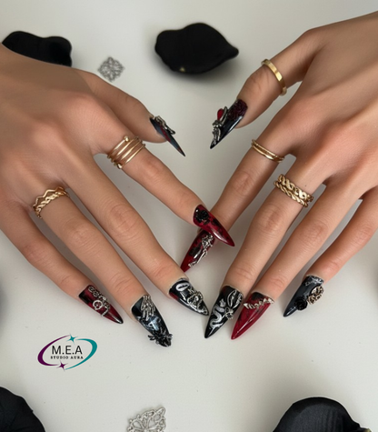 Stiletto Gothique Rouge & Noir – Press-on nails faits main