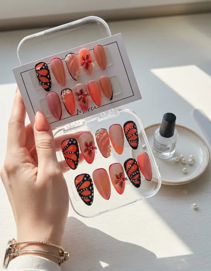 Orange Butterfly – Press-on nails faits main