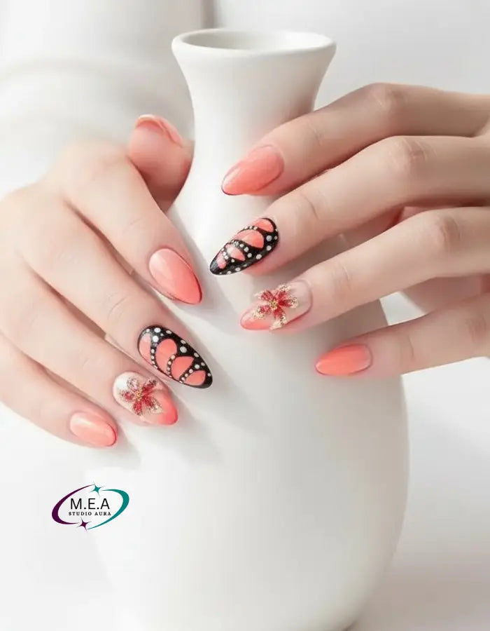 Orange Butterfly – Press-on nails faits main