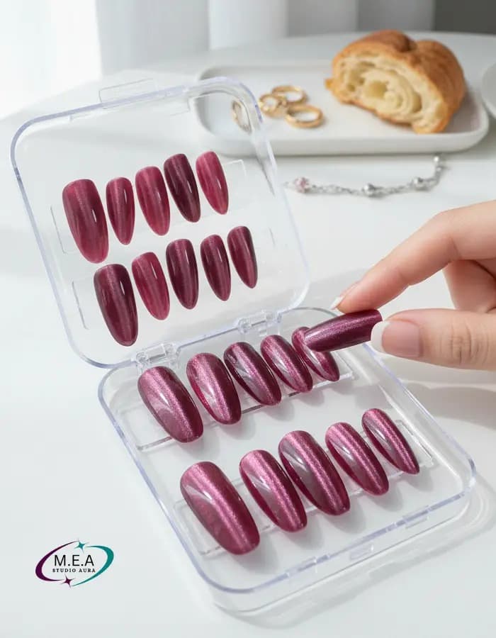 Red Cat Eye – Press-on nails faits main