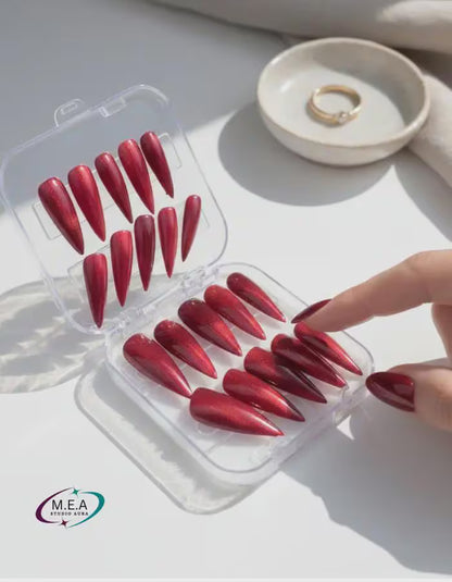 Press on nails rouge cat eye – faux ongles amande effet magnétique