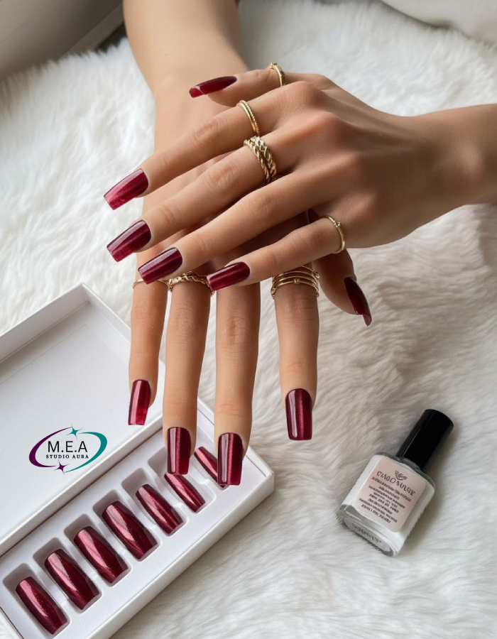 Red Cat Eye – Press-on nails faits main
