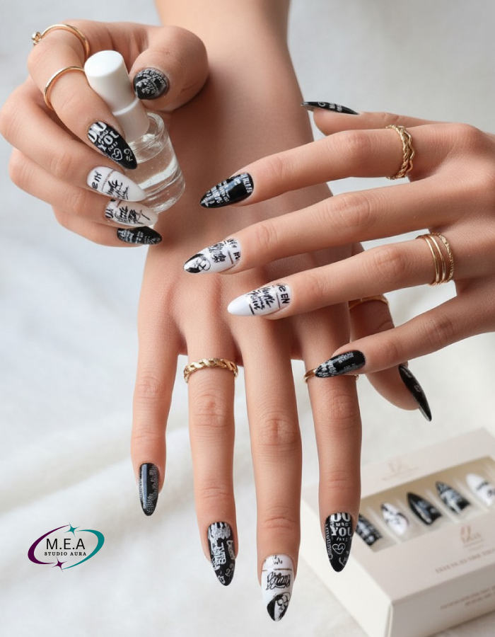 Élégance Monochrome – Press-on nails faits main